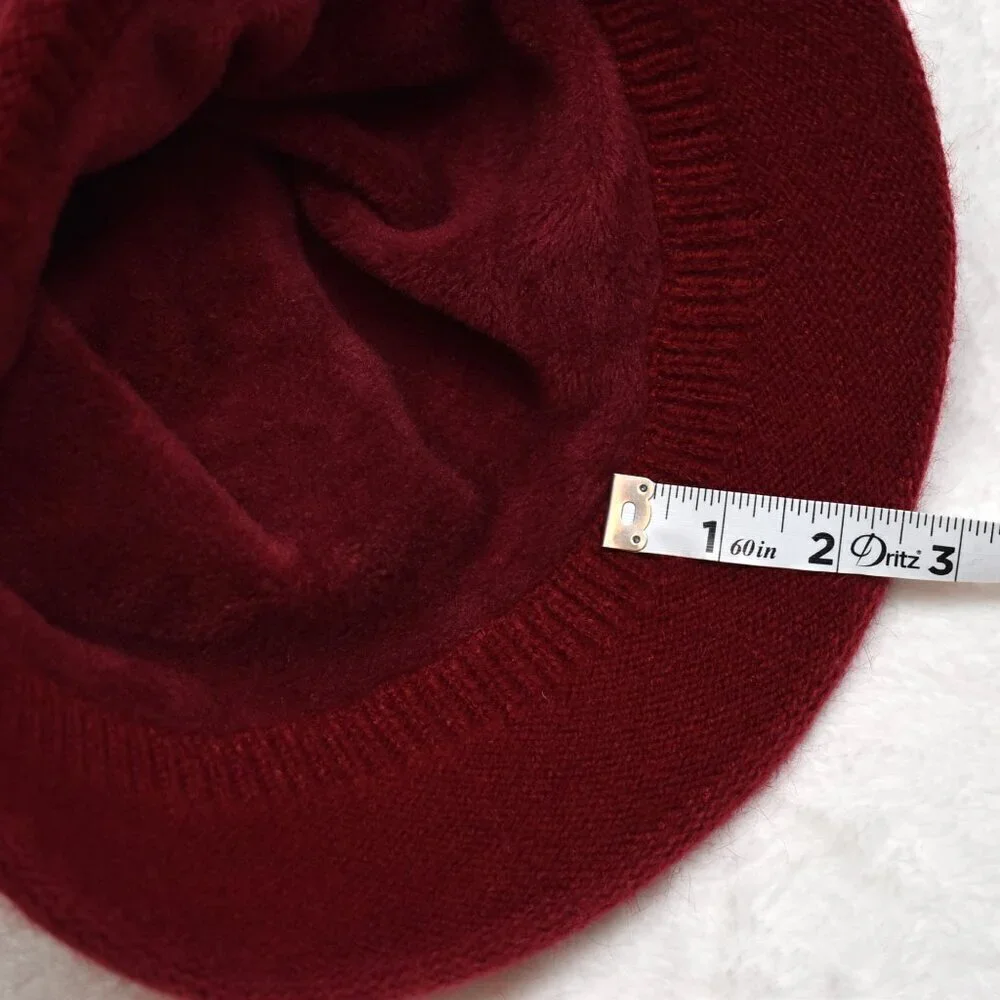 Red Brimmed Knit Beanie Hat Sz O/S Fleece Lined Pom Pom Bavarian Alpine Inspired